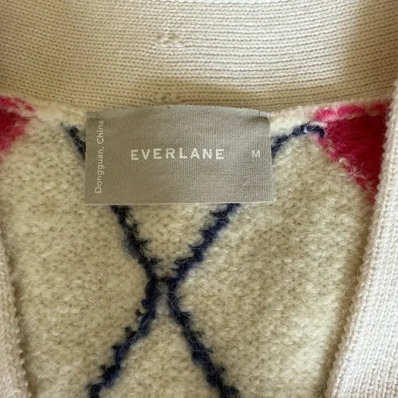 Everlane SuperFuzz Alpaca Cardigan Pink White Argyle Sweater Oversize Medium - Picture 3 of 8